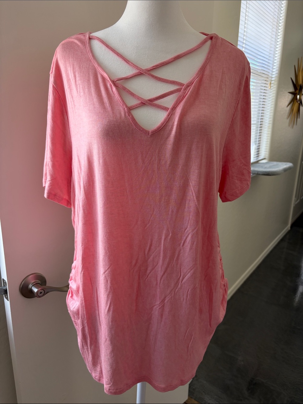 loralette Pink Crisscross V-Neck Short Sleeve Tunic